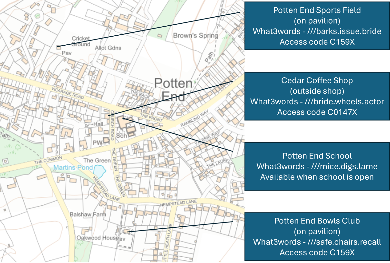 Defibrillator locations in Potten End